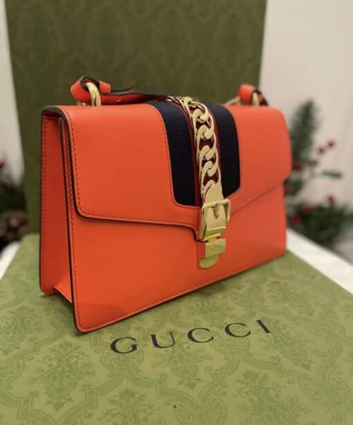 Gucci Orange Small Leather Web Chain Sylvie Shoulder Bag