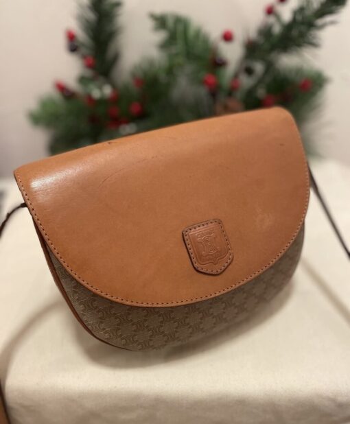 Celine Vintage Brown Leather and Canvas Crossbody Bag