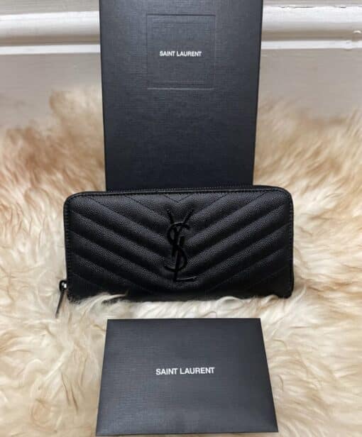 SAINT LAURENT Grain De Poudre Matelasse Chevron Monogram Zip Around Wallet in Black - Image 9