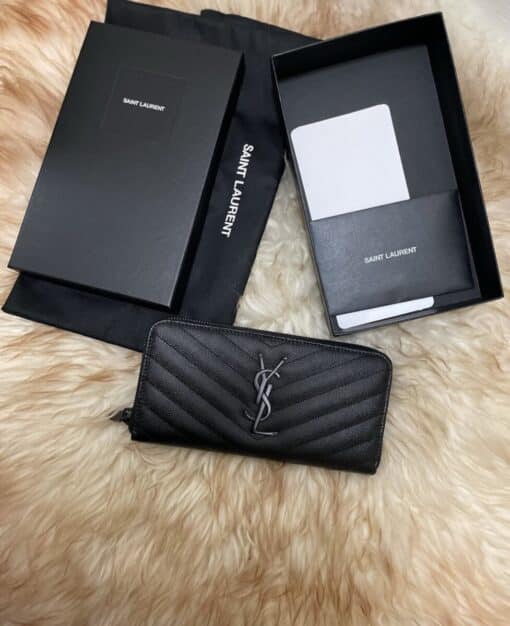 SAINT LAURENT Grain De Poudre Matelasse Chevron Monogram Zip Around Wallet in Black