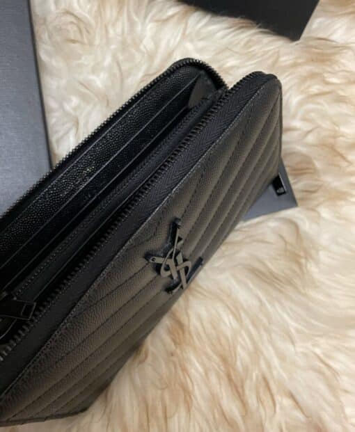 SAINT LAURENT Grain De Poudre Matelasse Chevron Monogram Zip Around Wallet in Black - Image 11