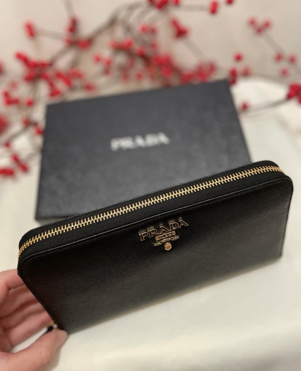 PRADA Saffiano Leather Metal Zip Around Wallet Black