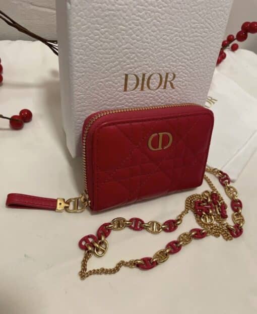 CHRISTIAN DIOR Lambskin Cannage Mini Caro Zipped Pouch Raspberry - Image 14