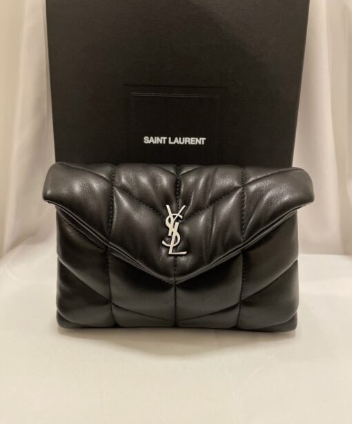 SAINT LAURENT Lambskin Monogram Loulou Puffer Pouch Clutch in Black