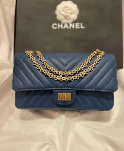 CHANEL Chevron Quilted Leather 2.55 Reissue 225 Flap Navy Blue Bag