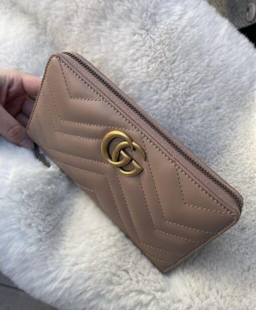 GUCCI Calfskin Matelasse GG Marmont Zip Around Wallet Porcelain Rose