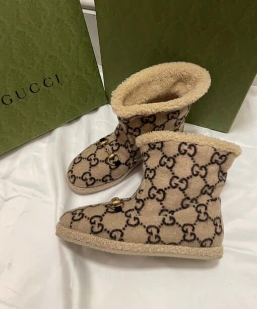 GUCCI Covered Wool GG Monogram Womens Fria Horsebit Ankle Boots (Size 37.5) - Image 10