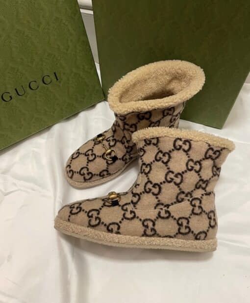 GUCCI Covered Wool GG Monogram Womens Fria Horsebit Ankle Boots (Size 37.5)