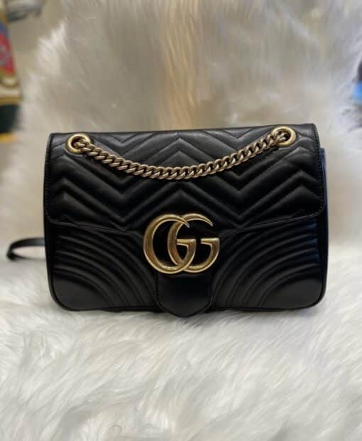 GUCCI Calfskin Matelasse Medium GG Marmont Shoulder Crossbody Bag Black