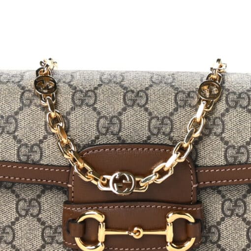 GUCCI GG Supreme Monogram Small Horsebit 1955 Chain Shoulder Bag Beige Ebony Brown Sugar - Image 8